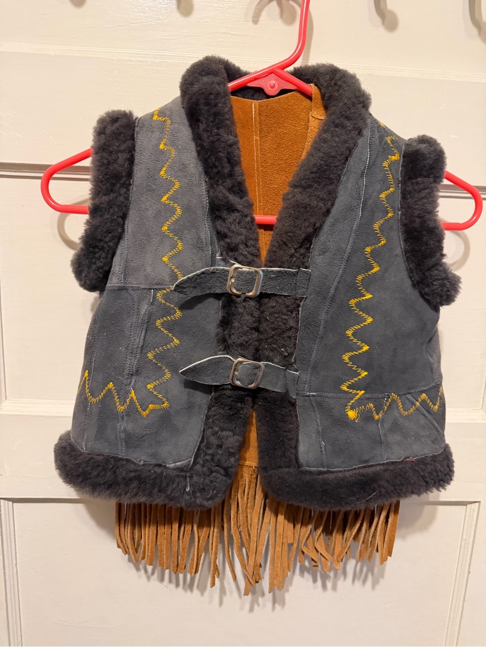 NWOT 2 for 1 VINTAGE 70’s Mouton Shearling Kids Vest w/ cognac suede fringe vest